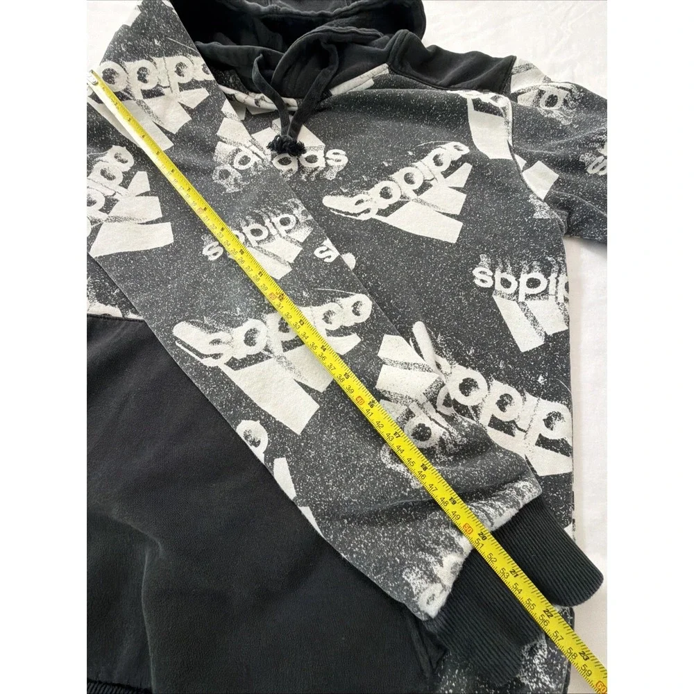 Adidas Mens All Over Logo Print Hoodie Black White Distressed Graphic Sweatshirt